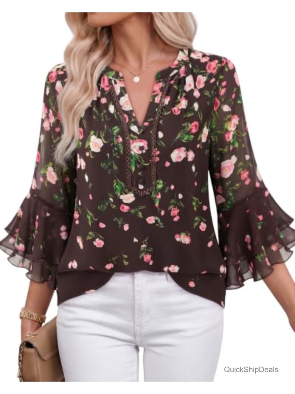Womens Chiffon Blouse 3/4 Ruffle Sleeve Henley V Neck Embroidered Top
